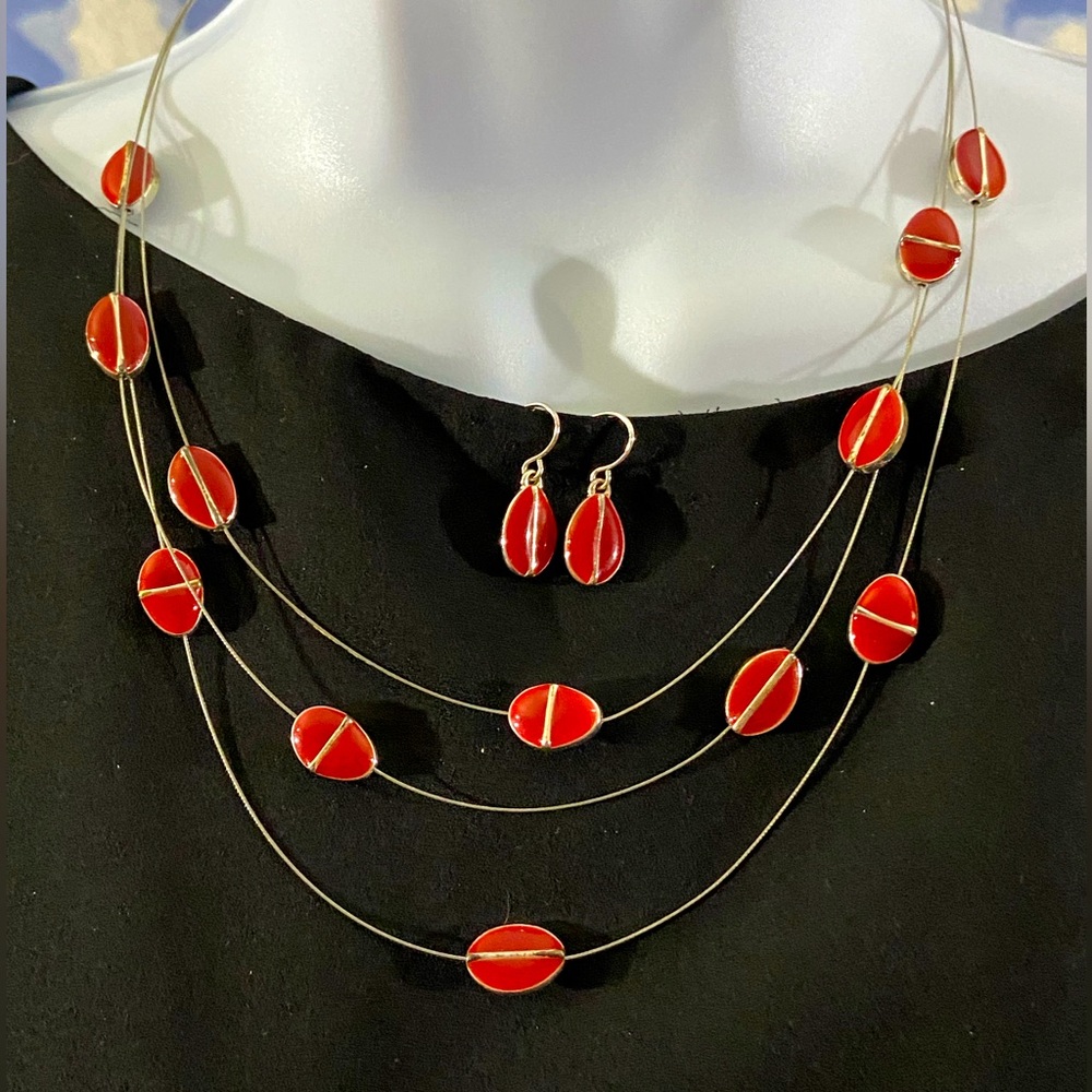 NECKLACE & EARRINGS SET Red Enamel Disks on Wires Necklace Minimalist Whimsygoth
